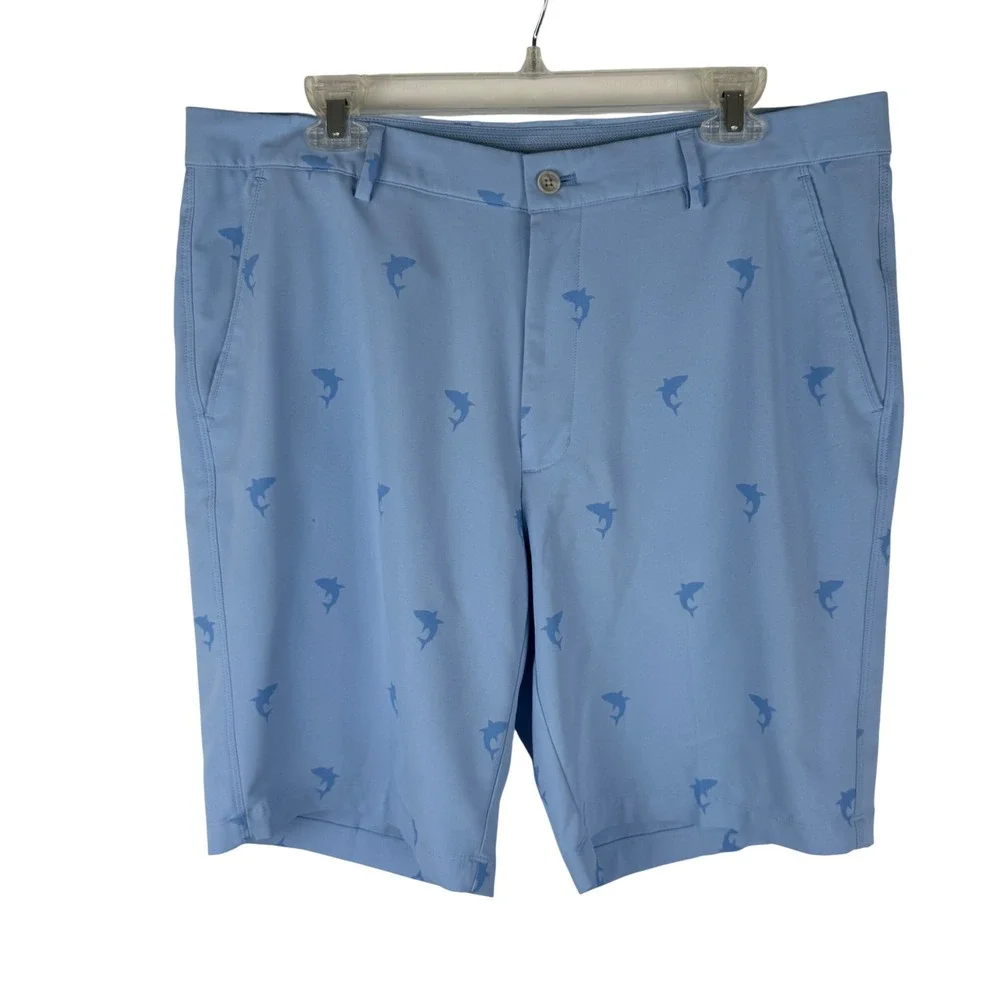 Greg Norman Shark Print Golf Shorts Light Blue Mens 36 Performance Stretch 9